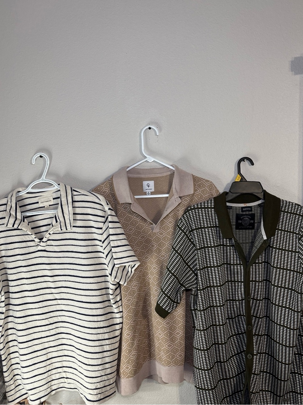 Three Designer Knit Polo Tops - Neutral Stripes & Patterns 2 XL / 1 L